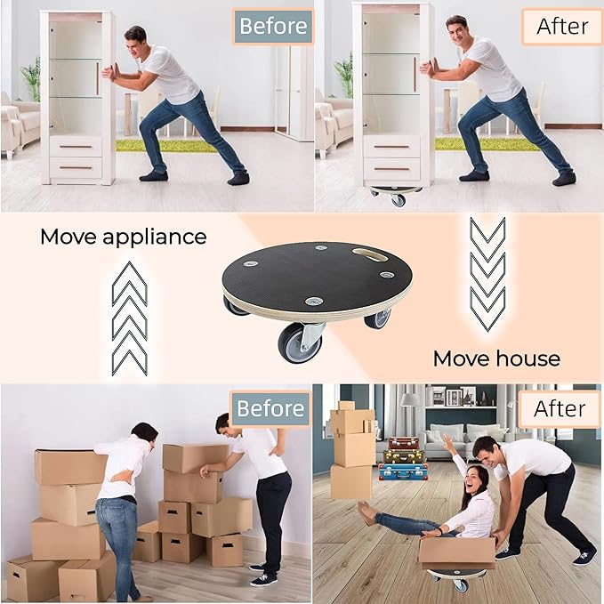 Furniture Moving Dolly Round Wood Platform Dolly 2 Packs, 12.4 x 12.4 inch 882 lbs Capacity Heavy Duty Wood Dollies cart with Wheels, Movers Carrier with 4 Soft Rubber Silent Wheels