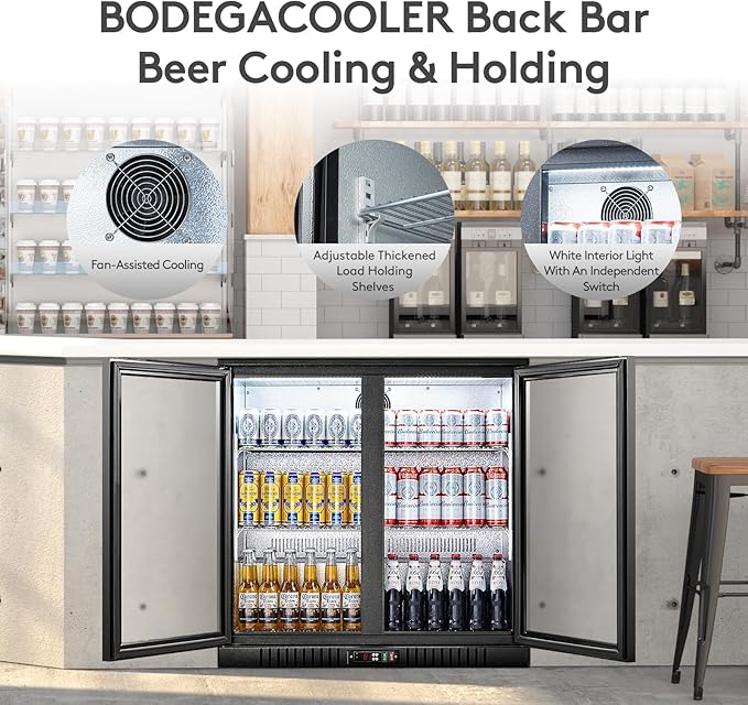 BODEGACOOLER Back Bar Cooler with 2 Doors Under Counter ,7.4cu.ft Glass Door Bar Refrigerator with LED Lighting,Black Bar Cooler,Built-In or Under Counter Freestanding Hold 68 bottles or 220 cans