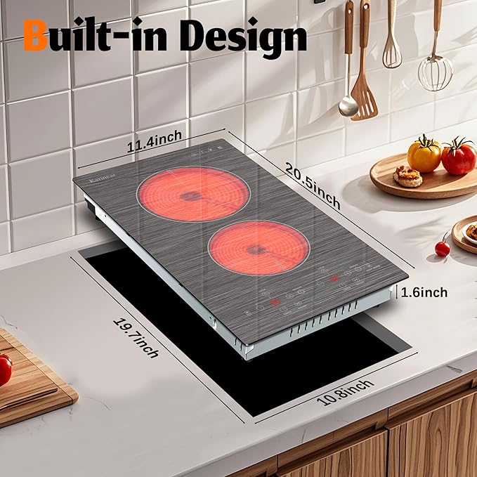 Karinear 2 Burner Electric Cooktop 110V, 12 Inch Countertop & Built-in Electric Stove Top, Plug-in Ceramic Cooktop with Child Safety Lock, Timer, Pause, Smooth Glass Surface with Beautiful Pattern(B)