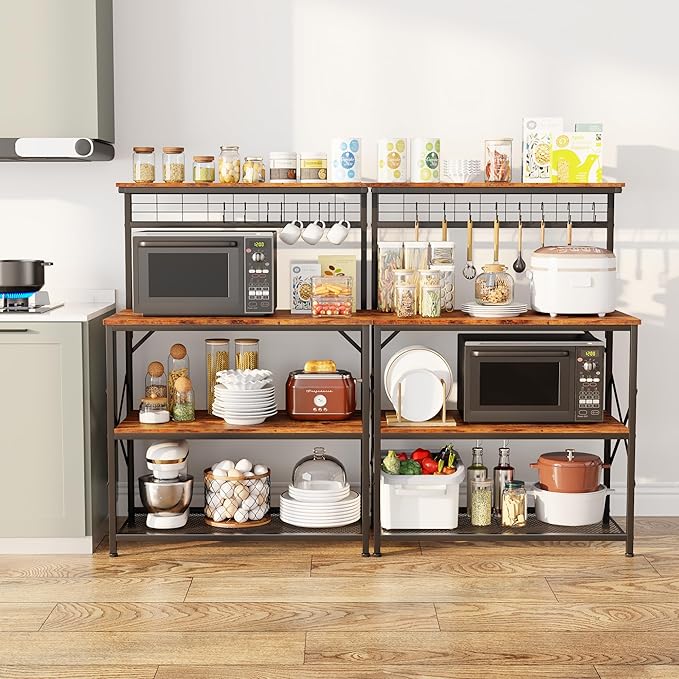 Furologee Kitchen Bakers Rack with Hutch,Coffee Stand with Storage 4 Tiers,Coffee Bar Station with a 31.5 Inch Larger Desktop and 8 S Hooks,Kitchen Microwave Rack for Spices,Pots,Rustic Brown
