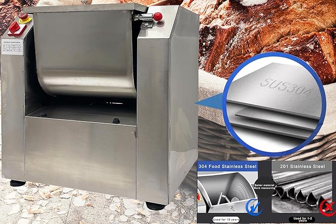 TECHTONGDA Commercial Dough Mixer All Stainless Steel Pizza Dough Mixer 110V Dough Blender Kneading Machine with 50 KG Kneading Capacity and 90 Degree Tilt for Schools Bakeries Restaurants Pizzerias