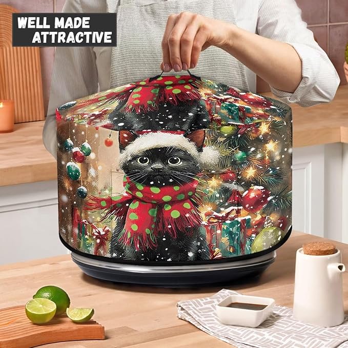 Black Cat Christmas Tree Print Slow Cooker Dust Cover with Top Handle Kitchen Gadgets Dust-Resistant Rice Cooker Cover Keep Kitchen Clean with Pocket for Accessories Christmas Decor