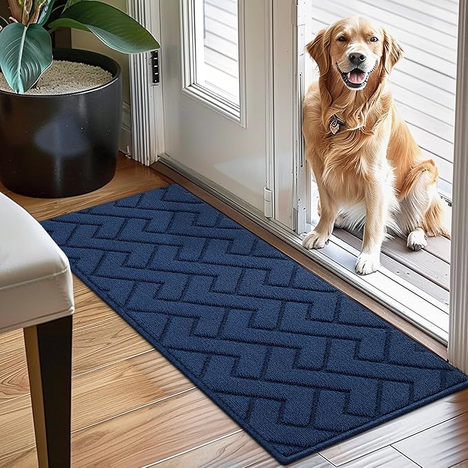 hicorfe Dirt Trapper Indoor Doormat,20"x48" Welcome Door mat,Non Slip Backing Washable Door Mats,Absorbent and Resistant Low-Profile Entrance Inside Floor Mat for Front Back Door,Entryway (Navy Blue)