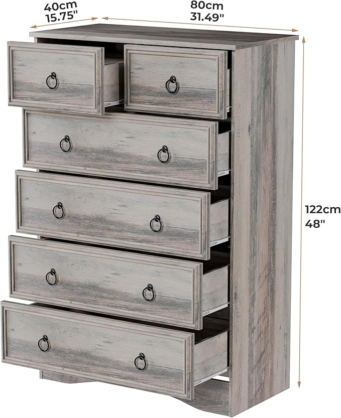 48'' Tall Grey Dresser with 6 Drawers Chest of Drawers for Bedroom, Large Storage Organizer for Clothes, for Living Room, Bedroom, Hallway, Taupe Grey