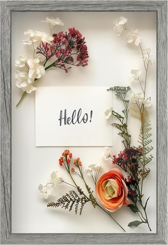 FrameWorks 12" x 18" Grey Wooden Shadow Box Frame – Soft Felt Back, Tempered Glass, and Included Elegant White Ball Push Pins