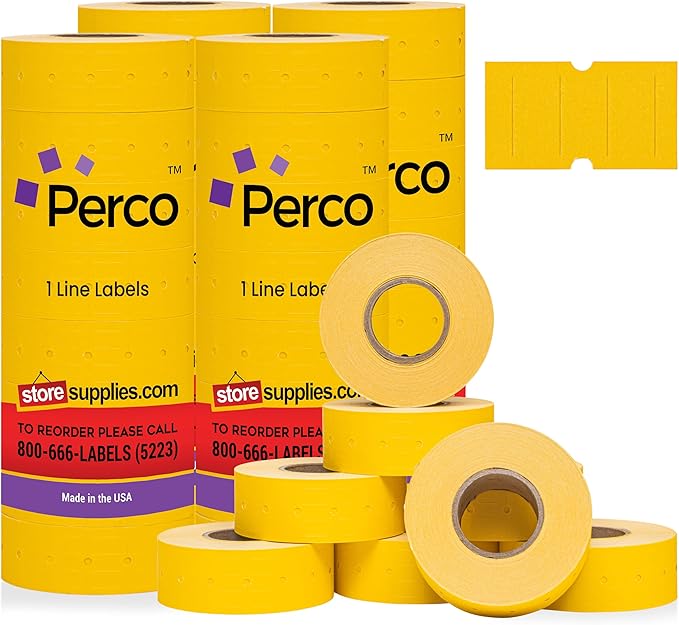 Perco 1 Line Yellow Labels - 32 Rolls, 4 Sleeves, 32,000 Blank Price and Date Gun Labels for Perco Lite, X, Plus and Pro 1 Line Price and Date Guns - Made in USA