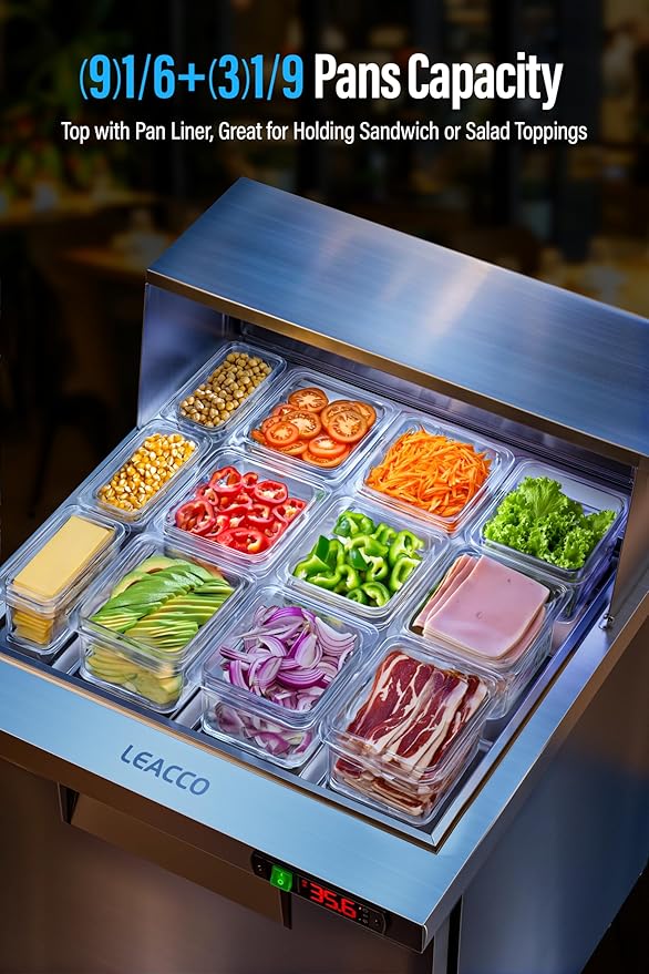 Leacco Refrigerated Sandwich Salad Prep Table, Commercial Workstation Refrigerators with 12 Pans, 28"