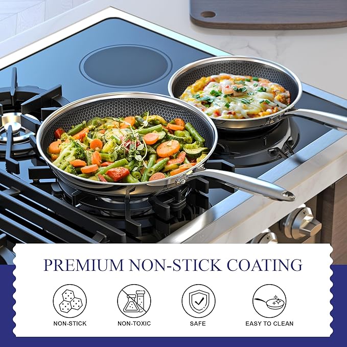 Bielmeier 8, 10, 12 Inch Nonstick Frying Pan with Tempered Glass Lid,6-Piece Set Stainless Steel Flat Bottom Frying Pan for Gas, Electric & Induction Cooktops, Dishwasher Safe