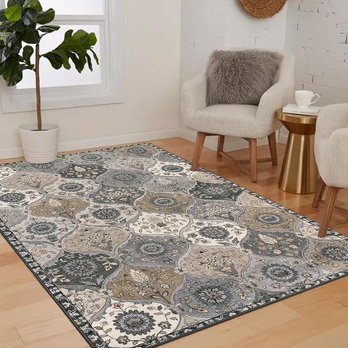 Lahome Moroccan Trellis Washable Area Rugs, 3x5 Rug for Bedroom Entryway Indoor Non-Slip, Small Oriental Accent Carpet for Living Room Kitchen Office, Grey