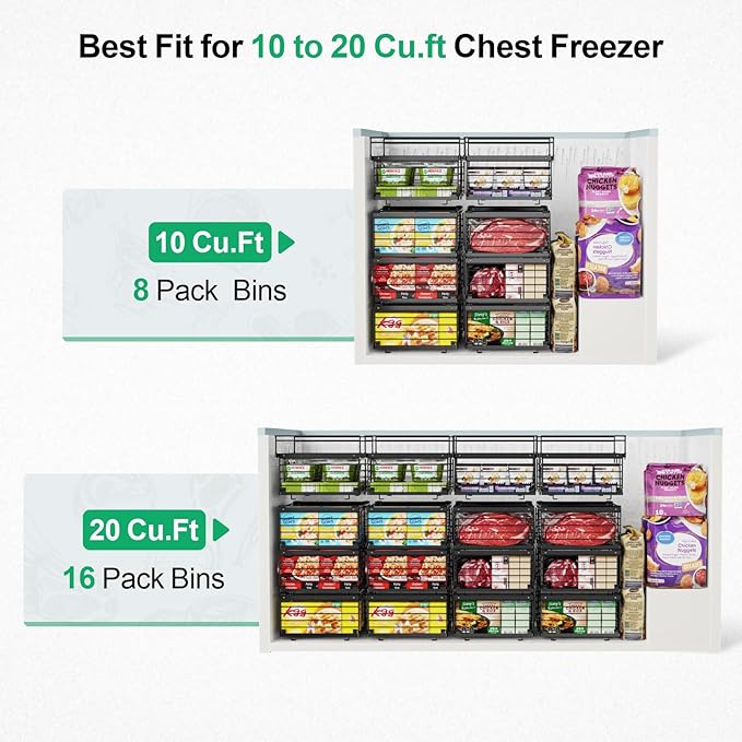 iSPECLE Deep Freezer Organizer Bins for 10 to 20 Cu.Ft, 4 Pack Stackable & Hanging Baskets, Expandable Metal Wire Storage System, Fits 17.5"-22.6" Width, Chest Freezer Only, Black