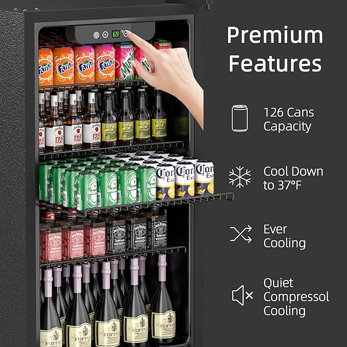 126 Can Freestanding Beverage Refrigerator, 3.2 Cu. Ft Drink Fridge with Glass Door, Adjustable Shelves & Temperature Control, Quiet Compressor Small Refrigerator for Soda, Beer or Wine