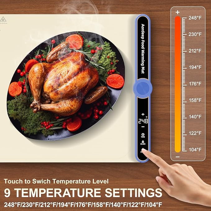 Warming Mat for Food Large Silicone Food Warmers for Parties Buffet L:32''X15'' 450W Max 248°F Portable Rolled-up Even Heating in 8S 9-Level Temp Auto Power Off Child Lock-Beige