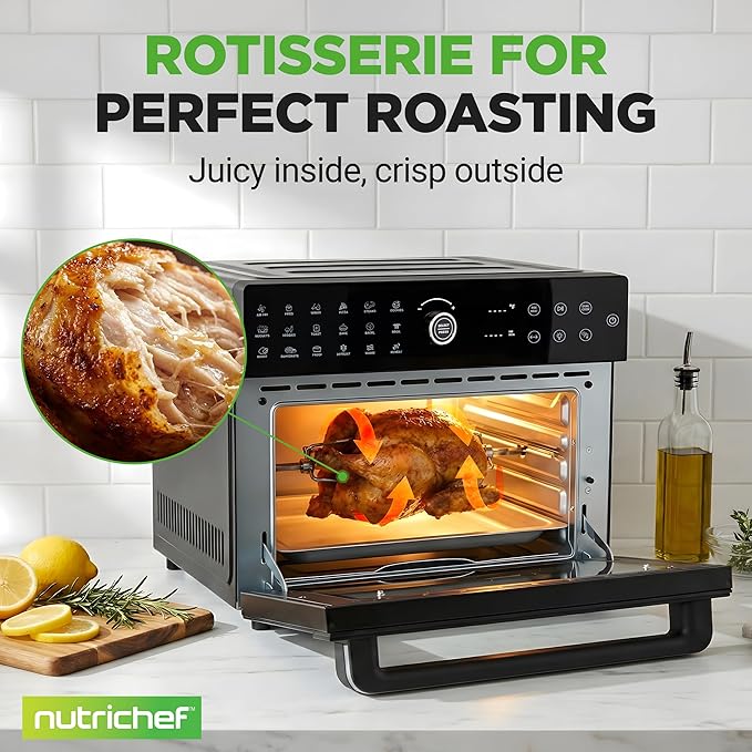 NutriChef 32 Quart Air Fryer & Oven | Digital Airfryer with 20 Presets, Dual Cook, Rotisserie, Bake & More | Multi-Function Convection Countertop Oven | Large Capacity | 18" x 17" x 14 | Black