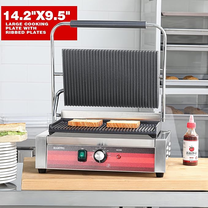 EGGKITPO Commercial Panini Press Grill with Grooved Plates Electric Sandwich Maker with Adjustable Temp Control 110V 1700W 14"×9.5" Ribbed Enamel Plates for Breakfast and Hamburger in Home Kitchen