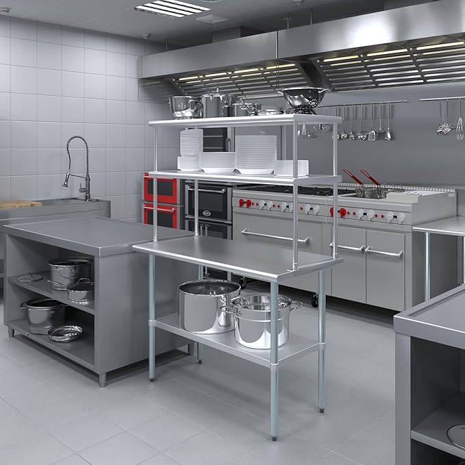Amgood Stainless Steel Work Table Double Tier Overshelf | Metal Kitchen Prep Table & Shelving Combo | NSF (24" x 48" Work Table + 18" Overshelf)