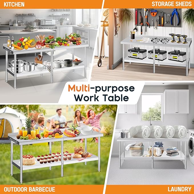 Jocisland 30" x 82" Stainless Steel Table for Prep & Work with Backsplash, Adjustable Under Shelf & Safe Design for Restaurant, Home and Outdoor