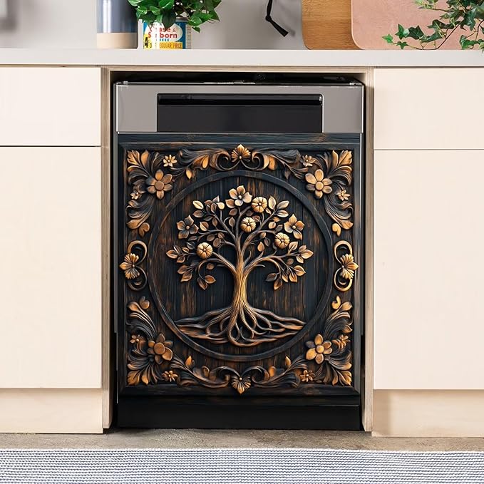 Farmhouse Tree of Life Dishwasher Magnet Cover,Vintage Tree Wood Floral Magnetic Dishwasher Cover Vinyl Sticker,Fridge Door Cover Magnets Art Skin Panel Decal,Home Decor Decal,23"X26"