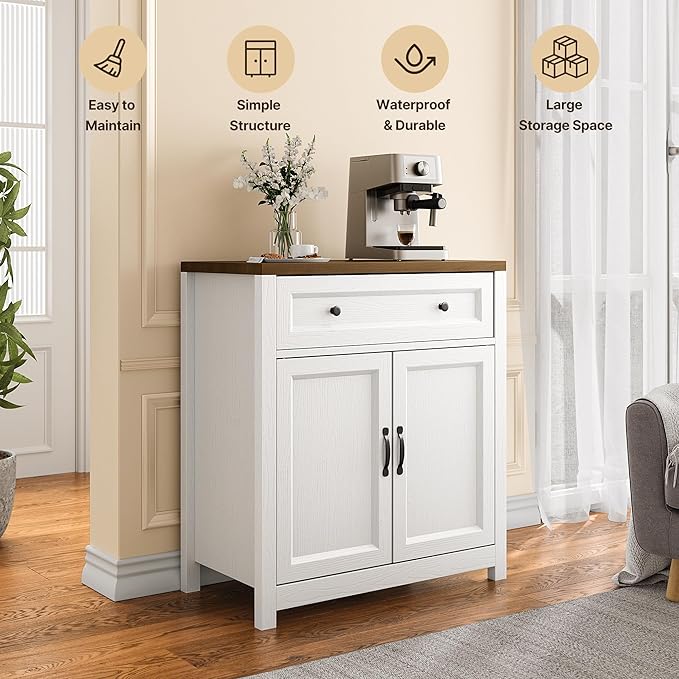 Gizoon Kitchen Storage Cabinet with Adjustable Shelf, Farmhouse Coffee Bar Sideboard Buffet with Large Drawer, Barn Door, 30"W x 15.6"D x 33.3"H Freestanding Cabinet for Kitchen, Living Room, Entryway