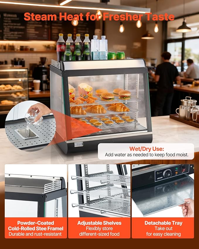 VEVOR 3-Tier Commercial Food Warmer Display, 1200W Food Display Warmer with LED Light, Top Storage and Adjustable Shelves, 86℉~185℉ Steam Heating, 75L for Hamburger, Pizza, Bread, Fried Chicken