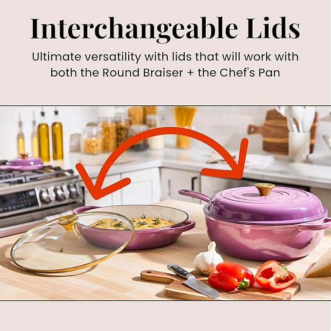Chef Joe Sasto Chef’s Pan with Tempered Glass Lid, Deep Saute Pan, Enameled Cast Iron, Professional Cookware for Searing, Sautéing & Braising, Induction Compatible, Oven Safe, Dishwasher Safe
