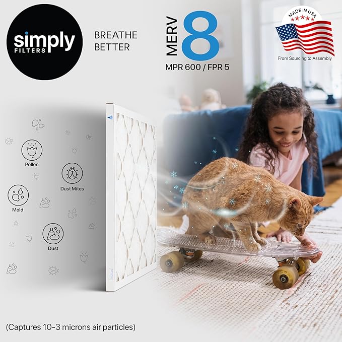 Simply 20x25x1 Air Filter, Merv 8, 6 Pack, For Home AC Furnace & HVAC (Actual Size: 19.75"x24.75"x0.75") DUST, Pet, & Allergy Control