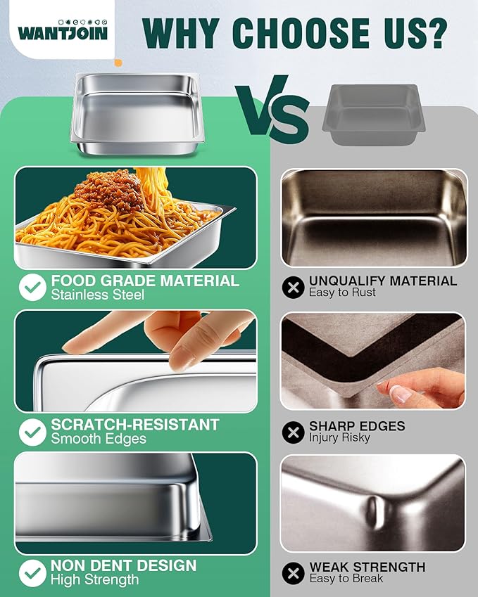 WantJoin Steam Table Hotel Pans 1/2 Half Size 4 Inch Deep 6 Pack, Stainless Steel Metal Tray Sets Food Storage Container for Restaurant Chafing Dishes Commercial Buffet Warmer Catering Supplies