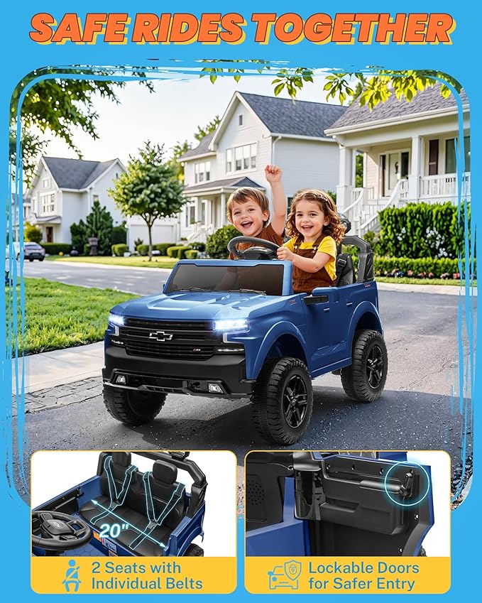 ENYOPRO 2 Seater Ride on Car for Kids, 24V Licensed Chevy Silverado LT Trail Boss Battery Powered Electric Car for Toddlers w/Remote Control, Metal Suspension, Soft Start, Bluetooth, LED Lights (Blue)