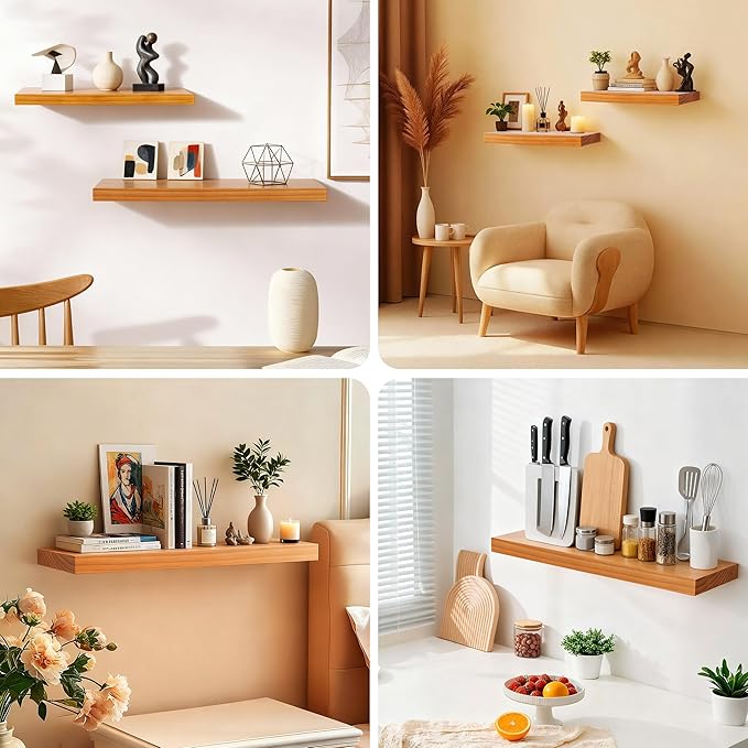 Floating Shelves for Wall 16 Inch Solid Real Wood Shelves Set of 2 Rustic Farmhouse Wall Mounted Wood Shelf for Bedroom Living Room Bathroom Kitchen Home Decor Office