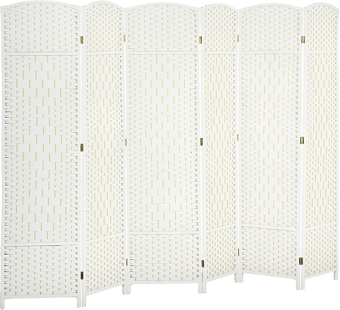 HOMCOM 6 Panel Room Divider, 6' Tall Folding Privacy Screen, Woven Freestanding Wall Partition for Home Office, Bedroom, White