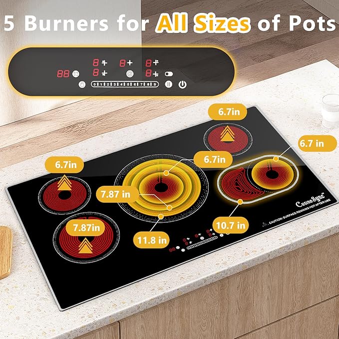36 Inch Built-In Radiant Electric Cooktop, 5 Burner Smoothtop Stove Top with Triple Expandable Zone, 9200W 240V Hardwired Touch Control, 9 Power Levels, Timer, Child Lock & Hot Surface Indicator