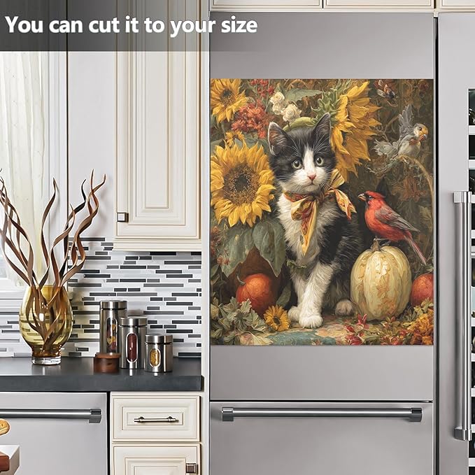 Fall Cat Yellow Sunflowers Dishwasher Magnet Cover Front Door Magnetic Dishwasher Cover Decorative Refrigerator Magnet Covers Appliances Stickers for Home Kitchen, 23" x 26"