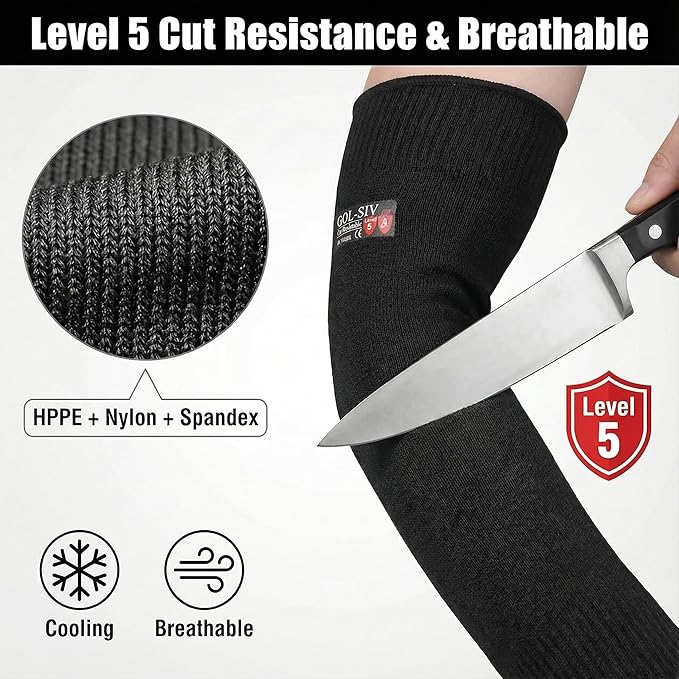 Arm Protectors For Thin Skin And Bruising, Cut Resistant Sleeves For Men Women, A5 Level Farmer Sleeve For Gardening (Black & Black, 17.7 In - 2pairs)