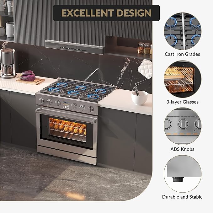 36" Freestanding Dual Fuel Range Oven Stove, Stainless Steel Gas Stove with 6 Sealed Burners and 6.0 Cu.Ft Electric Convection Oven, True Convection and Self-Cleaning, Perfect for Home or Commercial