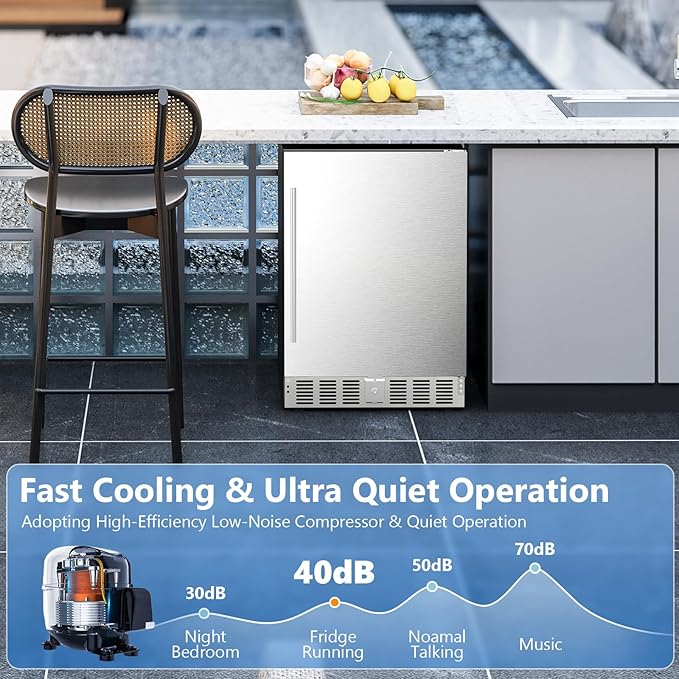 COWSAR Outdoor Refrigerator 24 Inch Wide, 180 Cans Fast Cooling Undercounter Built-in or Freestanding Stainless Steel Beverage Refrigerator, Powerful Cooling Compressor for Patio Kitchen, 32-50 °F