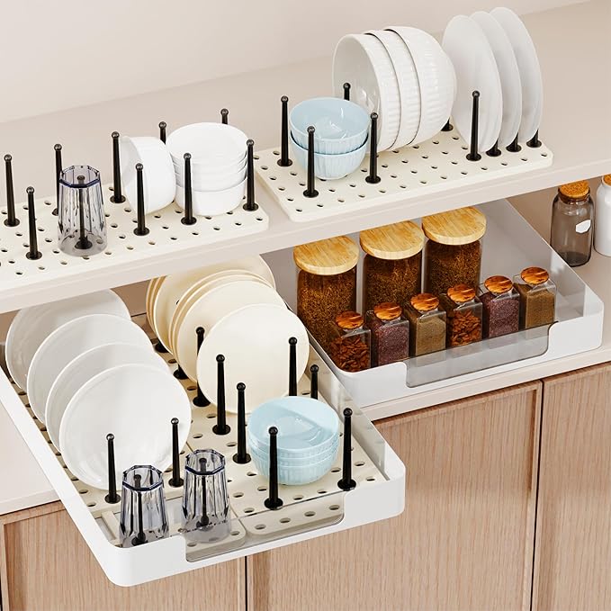3pcs Pegboard Dish Drying Rack - Countertop Cabinet Organizer for Plates, Cups | Fits Drawer Storage & Book Holder (White)