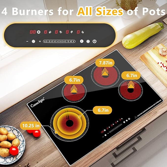30 Inch Built-In Radiant Electric Cooktop, 4 Burner Smoothtop Stove Top with Expandable Dual Zone, 7200W 240V Hardwired Touch Control, 9 Power Levels, Timer, Child Lock & Hot Surface Indicator