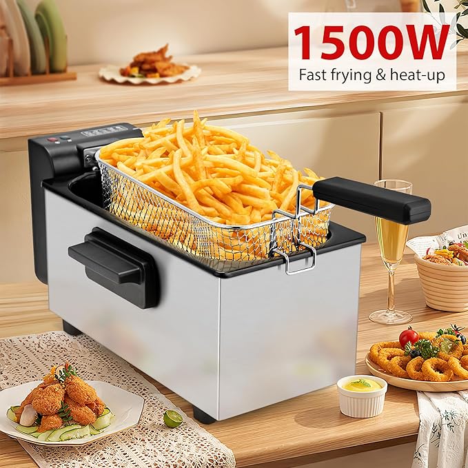 SUSTEAS 3 Liter/2.7QT Electric Deep Fryer, 1500W, Timer Control, Adjustable Temperature, Lid with Viewing Window and Removable Frying Basket, Stainless Steel, Perfect for Kitchen, French Fries