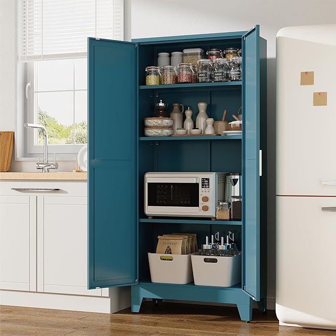 61" Tall Pantry Cabinet, White Metal Pantry Storage Cabinet, Kitchen Pantry Storage Cabinets with 2 Door and 3 Adjustable Shelves (Blue, 61" H)