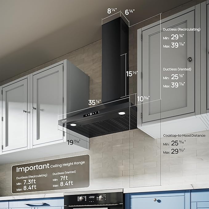 Wall Mount Range Hood 36 inch, 580 CFM Kitchen Vent Hood, Ducted/Ductless Convertible with Touch Control, Stainless Steel Stove Vent Hood, Easy Clean Filter, Black