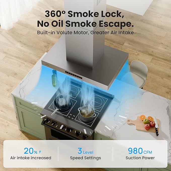 30 Inch Island Range Hood, 980 CFM Stainless Steel Ducted Island Mount Range Hood, Ceiling Mount Kitchen Vent Hood with Dual-Sided Touch/Gesture Control, Convertible Ducted/Ductless, 3-Speed Fan
