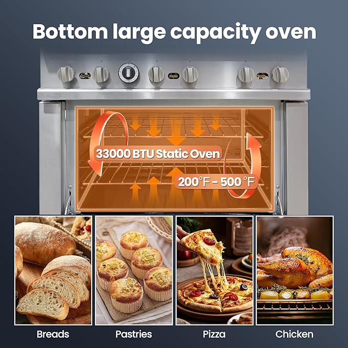 Commercial 36" Gas Range with Convection Oven, 6 Open Burners and Under Full Size Oven 180000 BTU & 33000 Static Oven,NG/LPG Conversion kit, Manual Gas Valve,Freestanding Gas Range for Restaurants