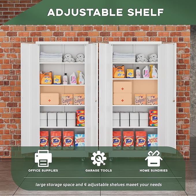 Greenvelly Metal Garage Storage Cabinet with Wheels, 73" White Steel Rolling Cabinet with 2 Door Lock and Adjustable Shelves,Locking Storage Cabinet for Garage Home Office Utility Room