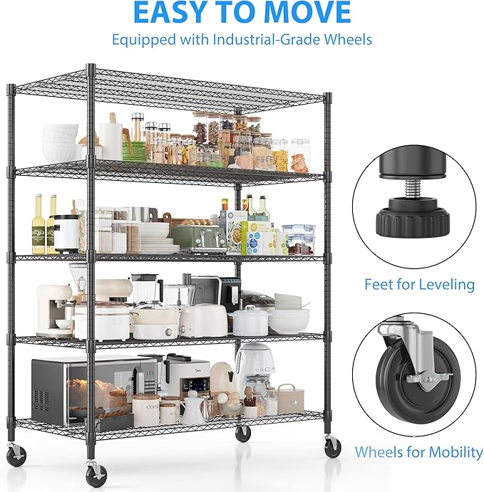 Homdox Heavy Duty Storage Shelves, 5 Tier Wire Shelving Unit with Wheels, Commercial Adjustable Metal Shelves for Storage, Garage Rack Pantry Shelves Kitchen Shelving, 24"x48"x82", Black