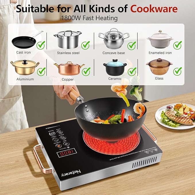 Single Burner Electric Cooktop 110V, Nefaracy Portable Electrical Stove 1800W Electric Burner Portable with Handle Touch Control & Knob Control, Timer, Safety Lock(Plug in)
