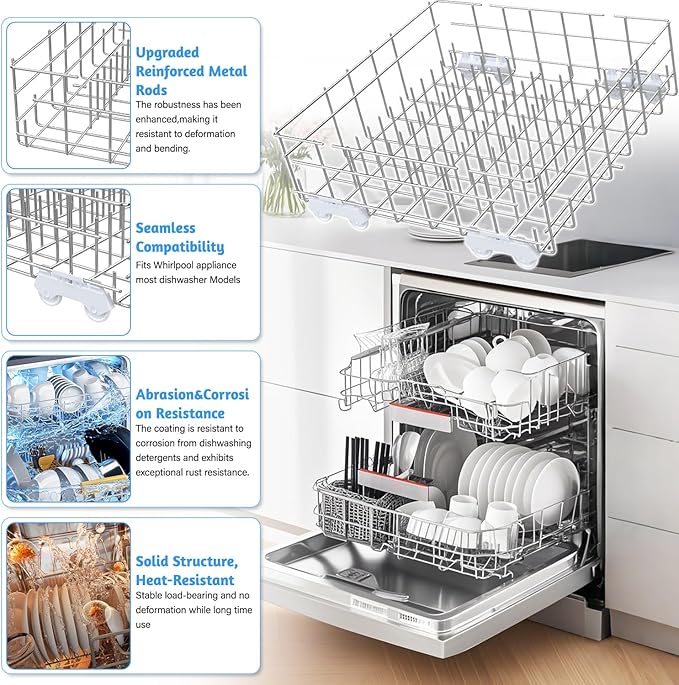 Upgrade W10311986/W10380384 Dishwasher Lower Dishrack Designed for Whirlpool Dishwasher Rack Parts WDT750SAHZ0 WDTA50SAHZ0 WDT970SAHZ0 WDT780SAEM with WP3376961 Wheels Dishwasher Bottom Rack