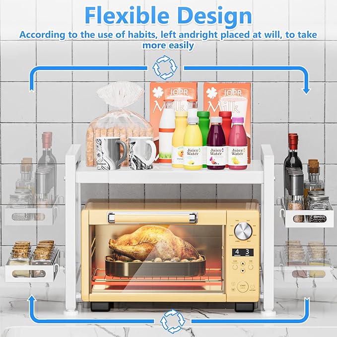 Over the Microwave Shelf - Adjustable Countertop Stand 2 Tier Rack (L15.723.6" xW12.8 xH17.7) with Spice Organizer and 6 Hooks for Kitchen White