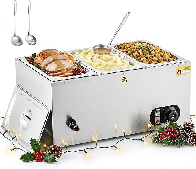 WILPREP Commercial Food Warmer with Three 1/3 Pans, 1500W Countertop Electric Warmer, 86-185°F Adjustable Temp Control & Over-Temp Protection, Stainless Steel Buffet Bain Marie