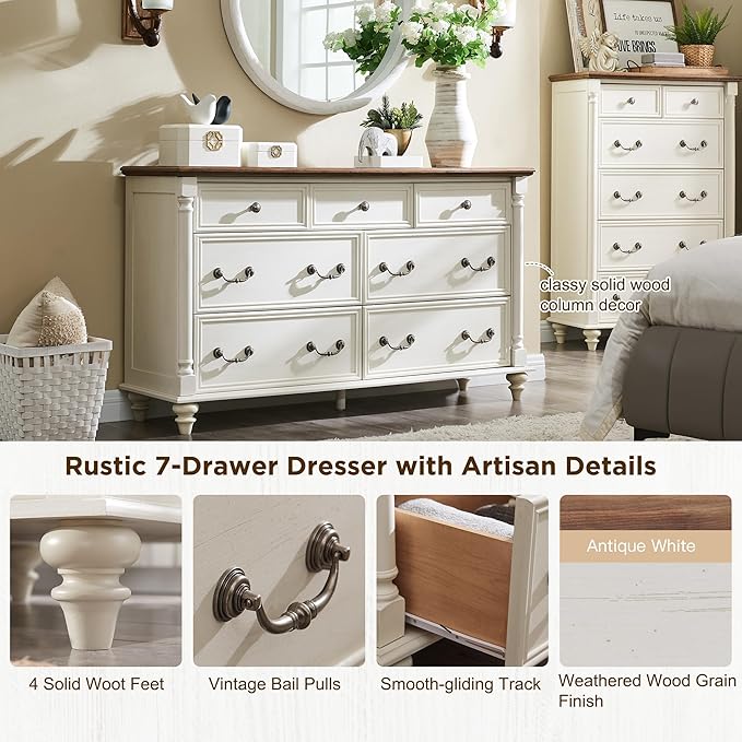 T4TREAM Farmhouse 7 Drawers Dresser Chests for Bedroom with 4 Solid Wood Feet, Tall Wide Wood Country Rustic Chest of Drawers, Storage Dressers for Bedroom, Living Room, Antique White