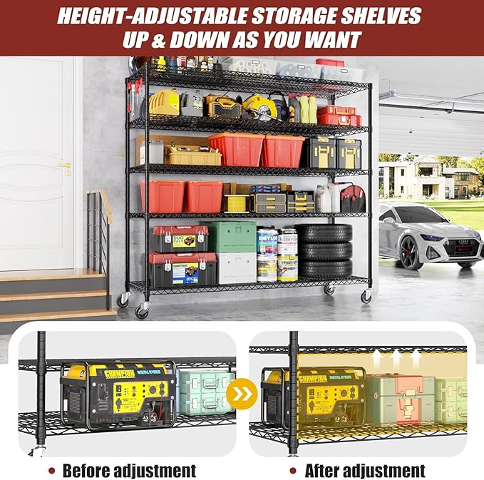 PrimeZone 5 Tier 80.7" H x 55.5" W x 24" D Wire Shelving with Wheels 3000lbs NSF Certified Storage Shelves Heavy Duty Metal Shelf Adjustable Rolling Rack Commercial Garage Restaurant Warehouse 6Pack