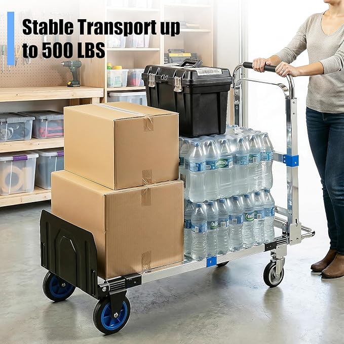 3 in 1 Folding Hand Truck Dolly Cart, Heavy-Duty Foldable and Convertible Design, Lightweight Portable Utility Cart with Rubber Wheels and Telescoping Handle for Moving, 500 lbs Capacity (Blue)